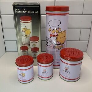 Vintage Kmart 4-Pc Tin Condiment Pasta Set Whimsical Chef Retro Kitchen Canister